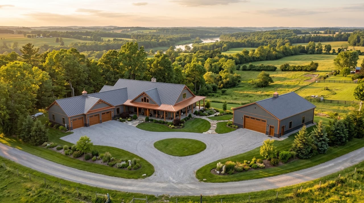Completed barndominium at golden hour, Minnesota